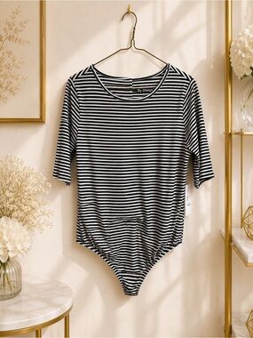 NWT By Design Black White Stripe Cotton Bodysuit Elbow Sleeve Size L